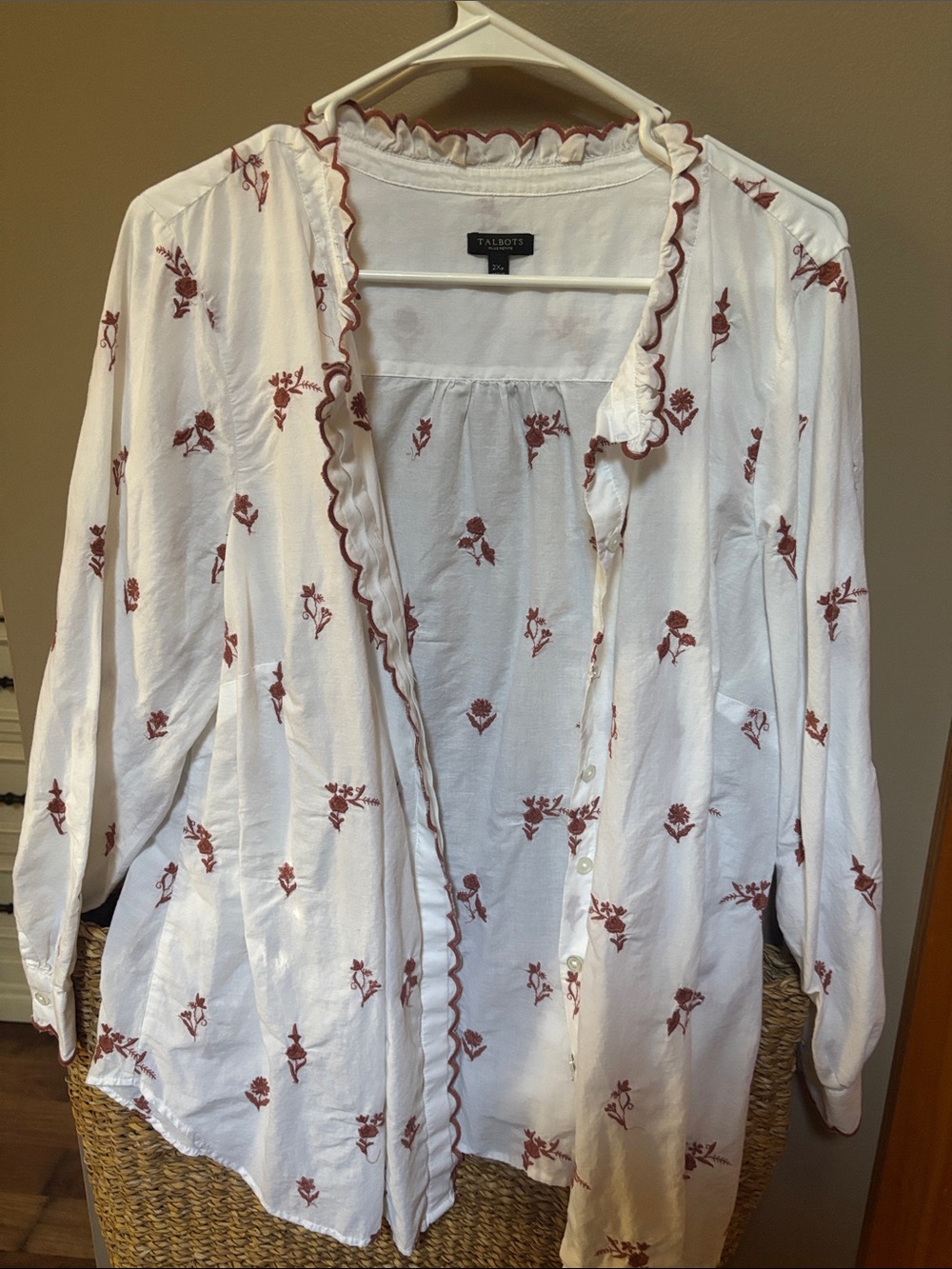 Talbots White Button-Down Blouse with Rust Floral Print and Ruffle Trim